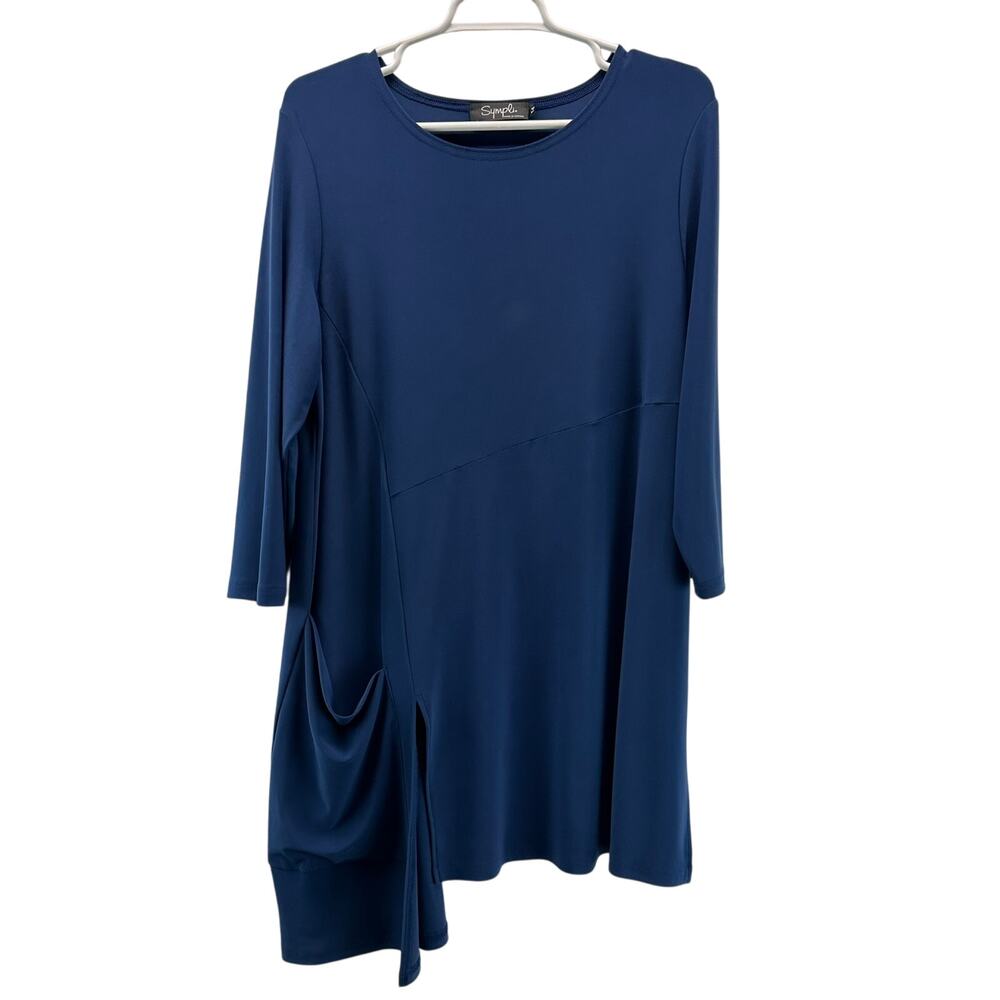 Sympli Blue Tunic Asymetrical Side Pocket 3/4 Sleeve 14 Lagenlook